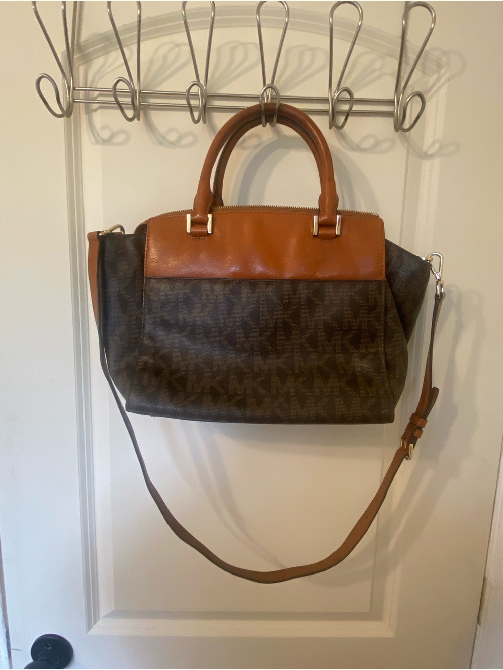 Michael Kors Brown & Tan MK Logo Satchel with Gold Accent - Picture 7 of 13